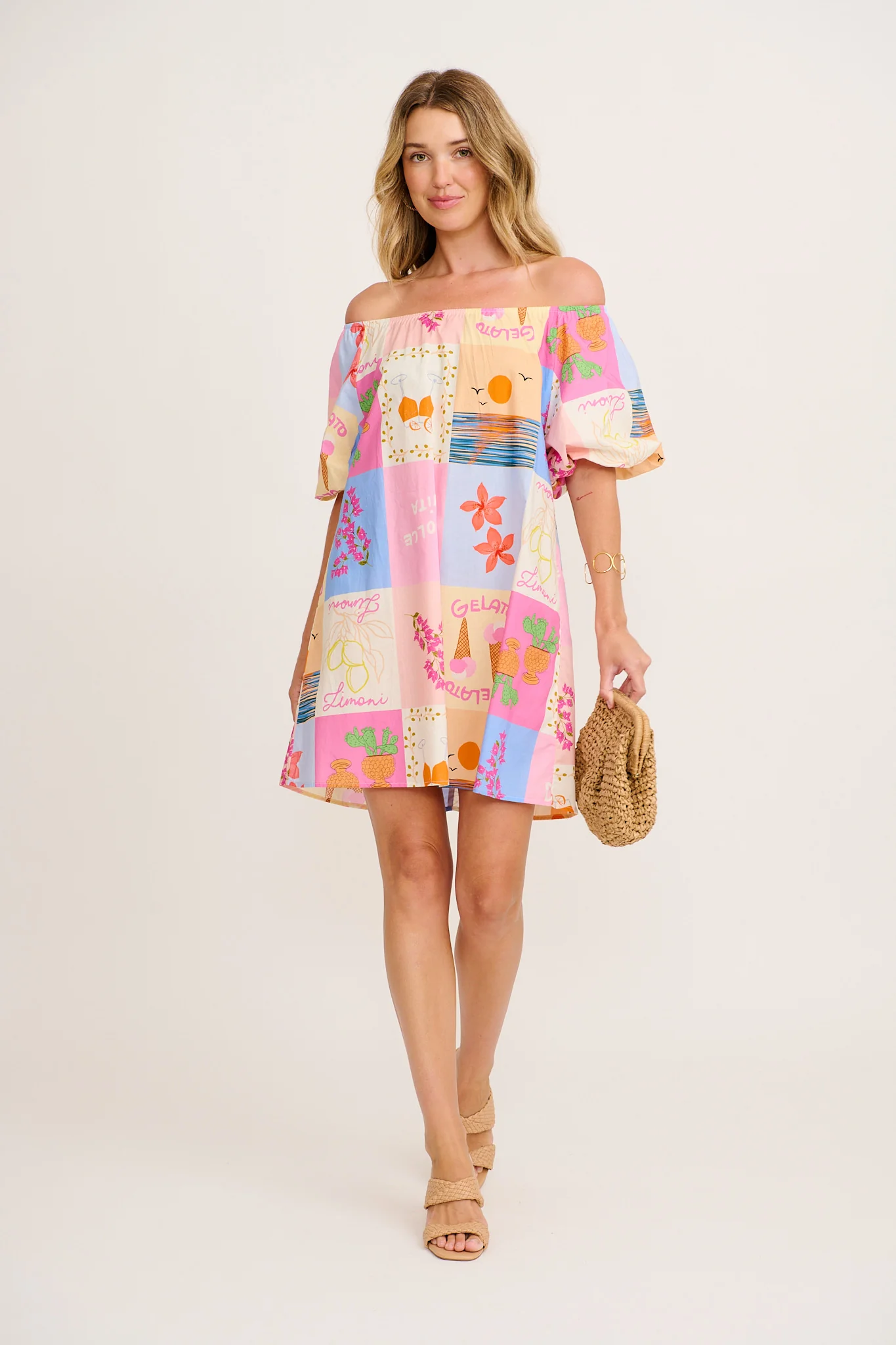 Viviennea Off Shoulder Dress in Multi Patchwork Cotton