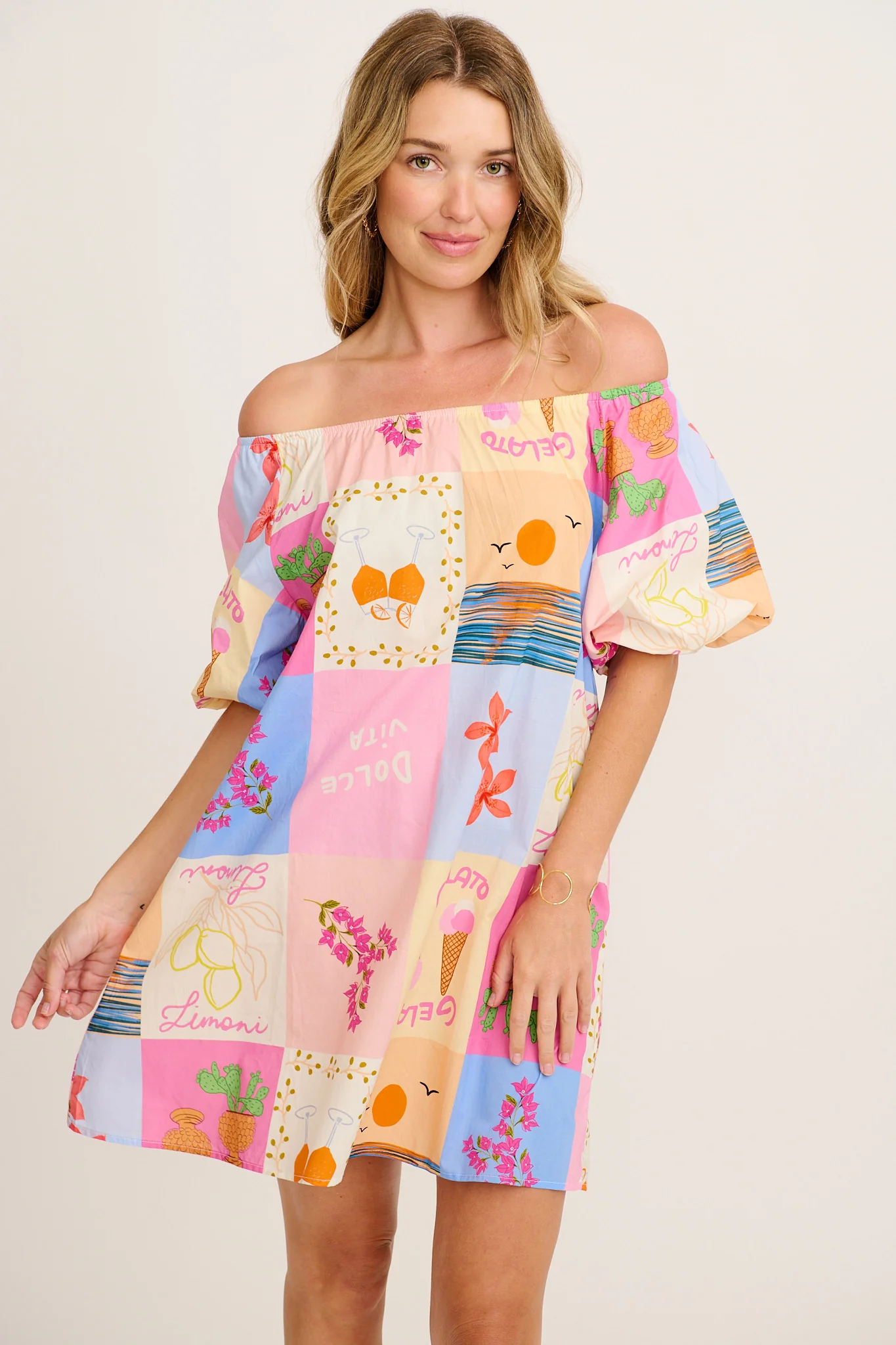 Viviennea Off Shoulder Dress in Multi Patchwork Cotton - Image 2