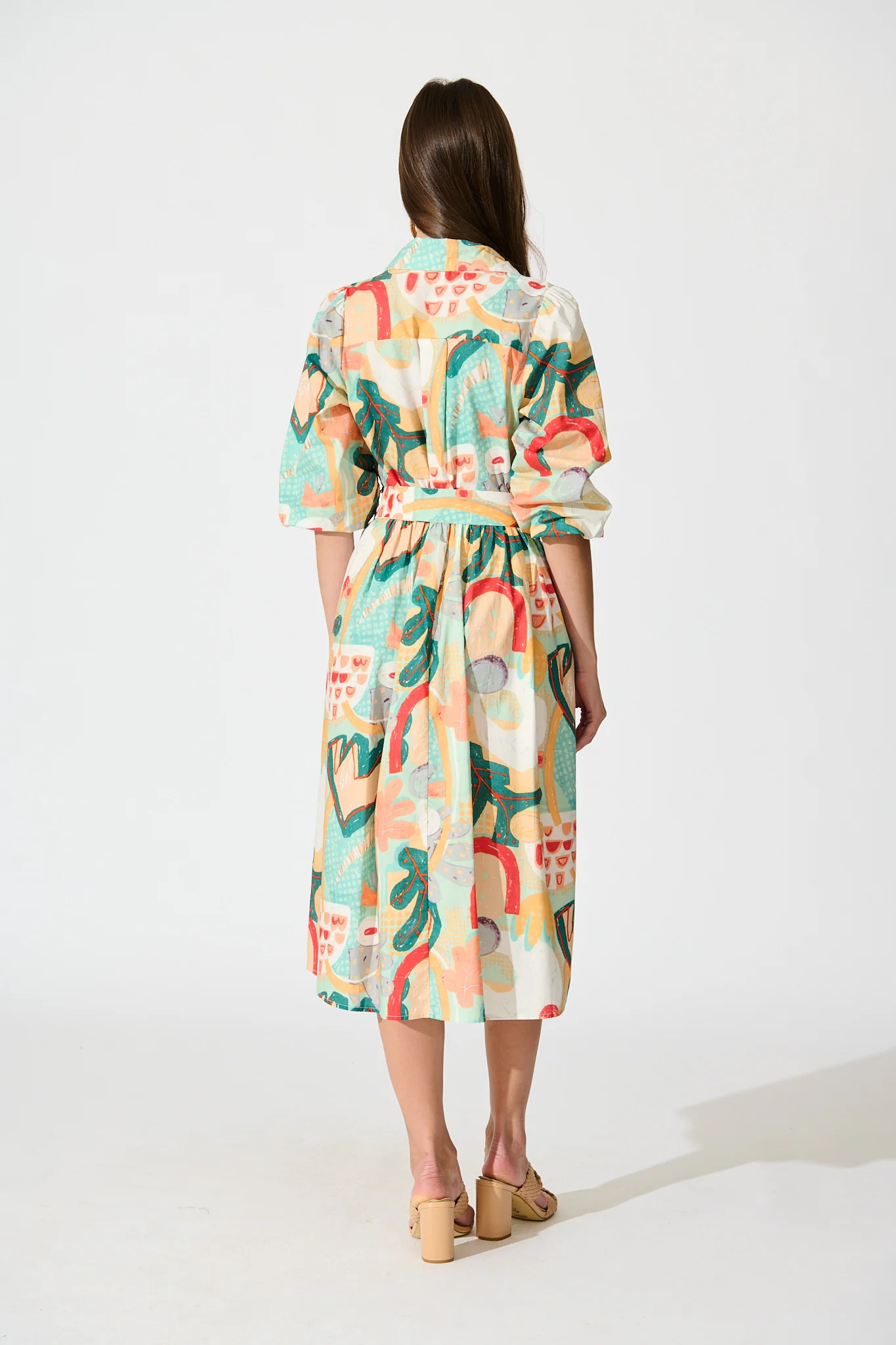 Wanita Midi Shirt Dress in Green Multi Abstract Print Cotton - Image 4