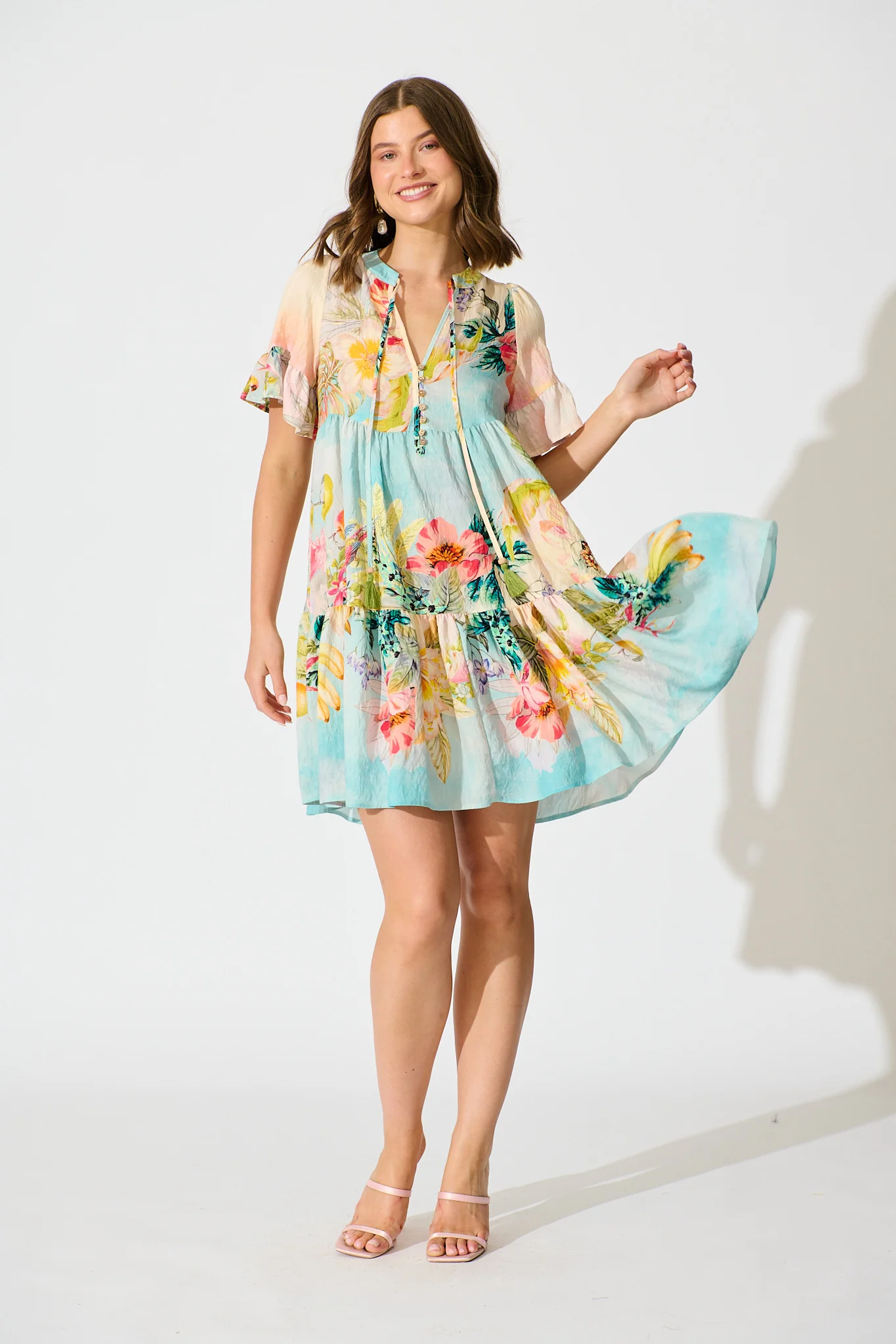 Whimsical Charm Smock Dress in Multi Tropical Floral Print - Image 3