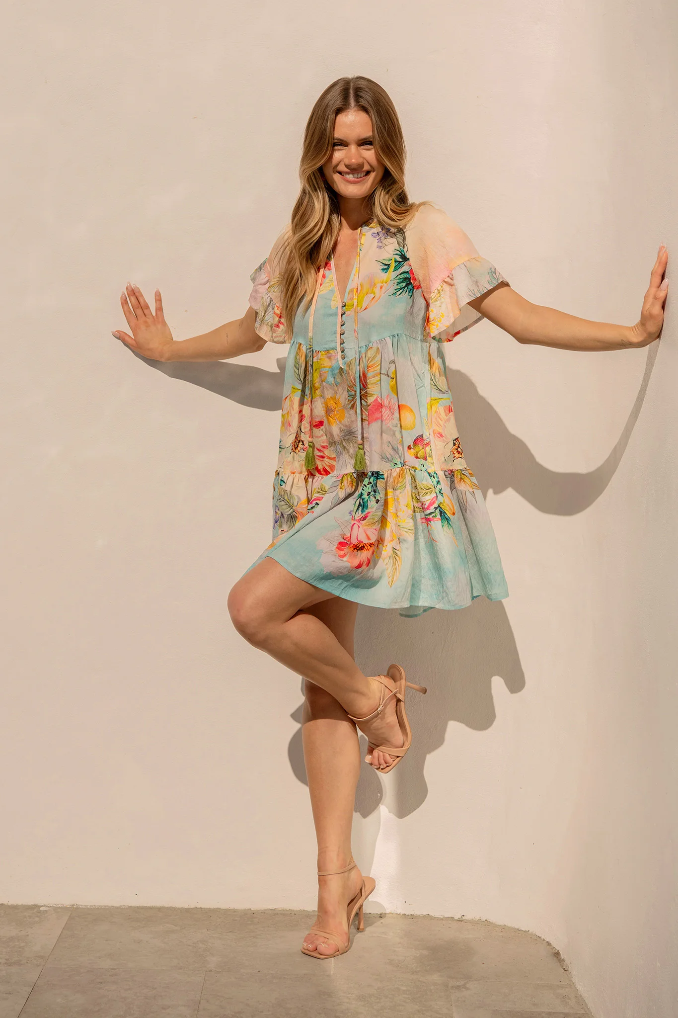 Whimsical Charm Smock Dress in Multi Tropical Floral Print - Image 4