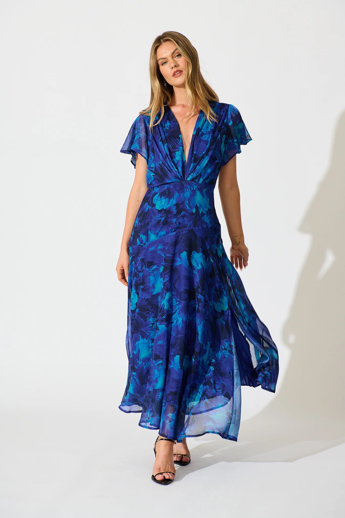 Whisper Lily Maxi Dress in Blue Watercolour Chiffon