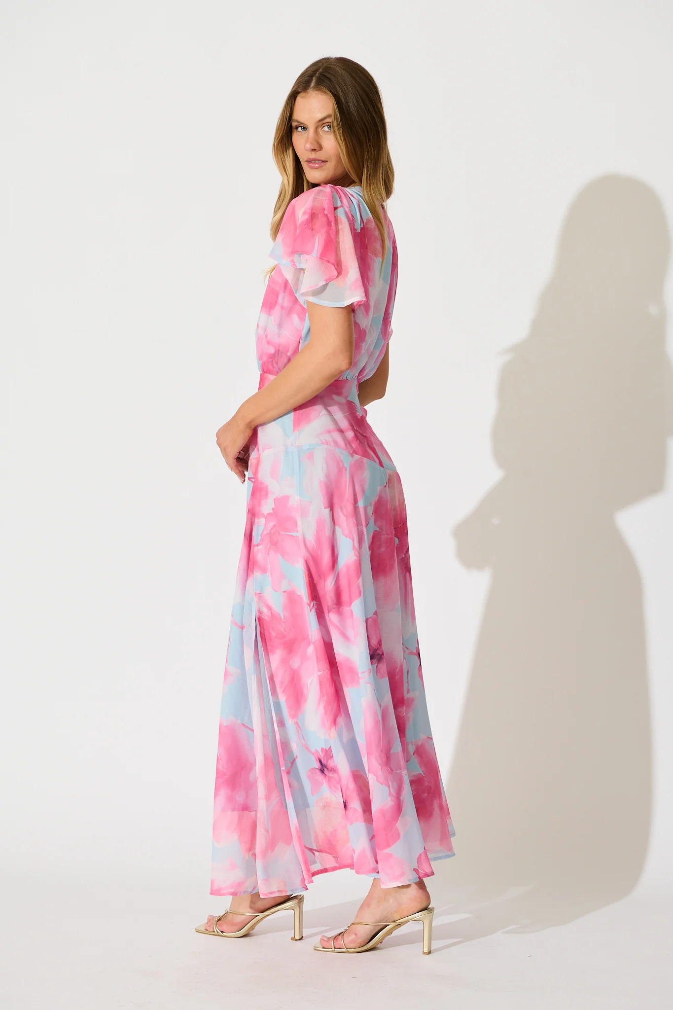 Whisper Lily Maxi Dress in Blue with Blush Floral Chiffon - Image 3