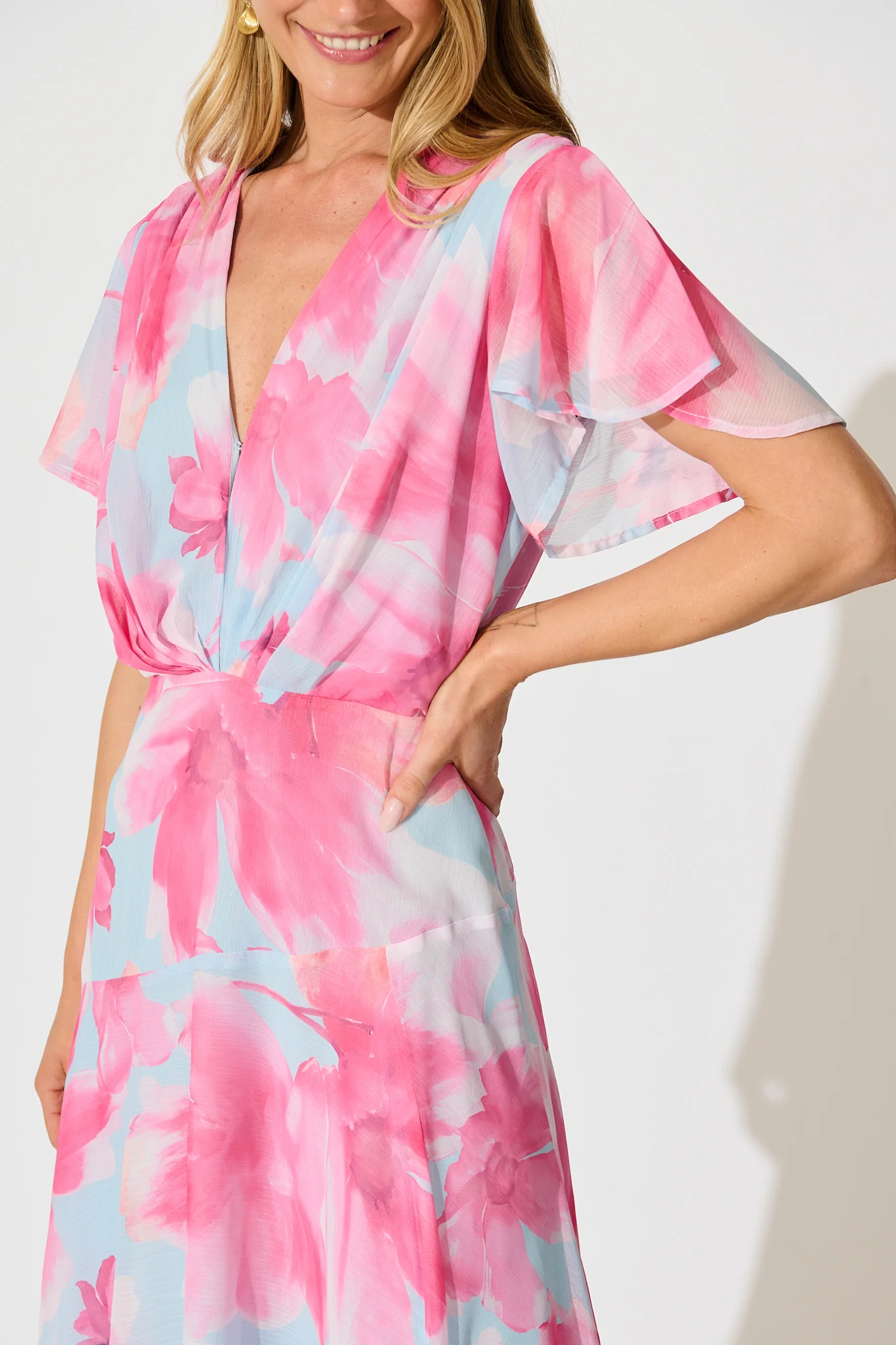 Whisper Lily Maxi Dress in Blue with Blush Floral Chiffon - Image 5