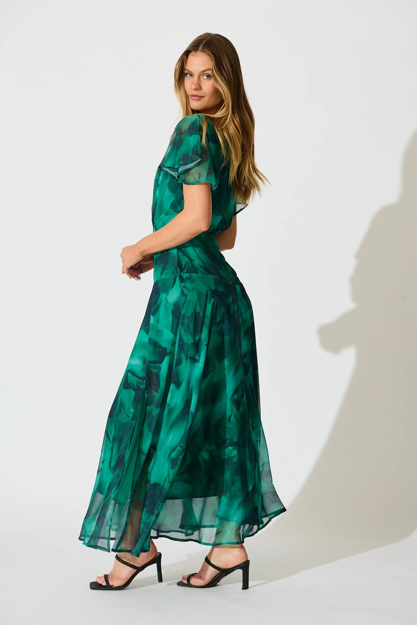 Whisper Lily Maxi Dress in Green Watercolour Chiffon - Image 3