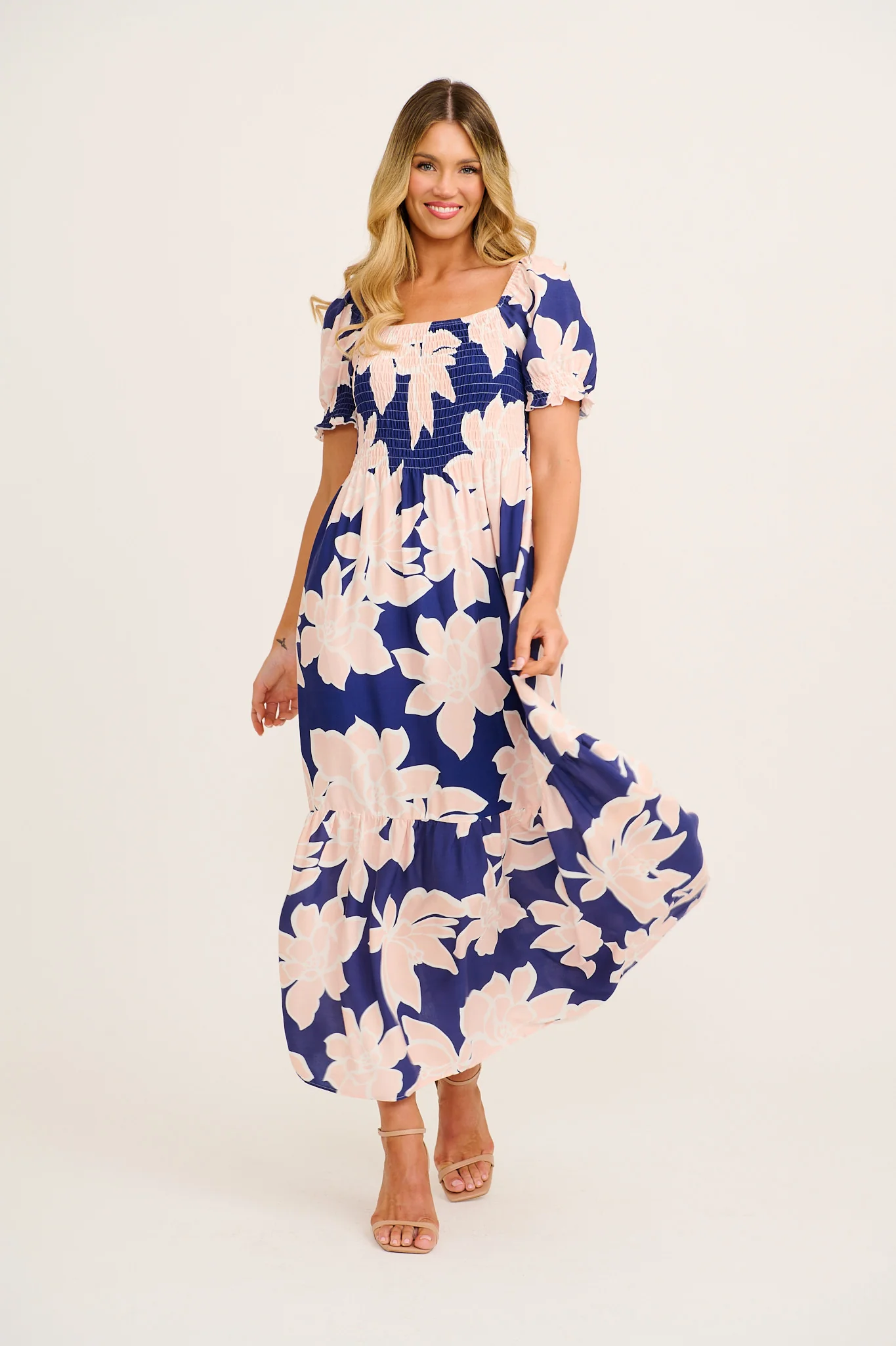 Whisper Maxi Dress in Navy with Pink Floral