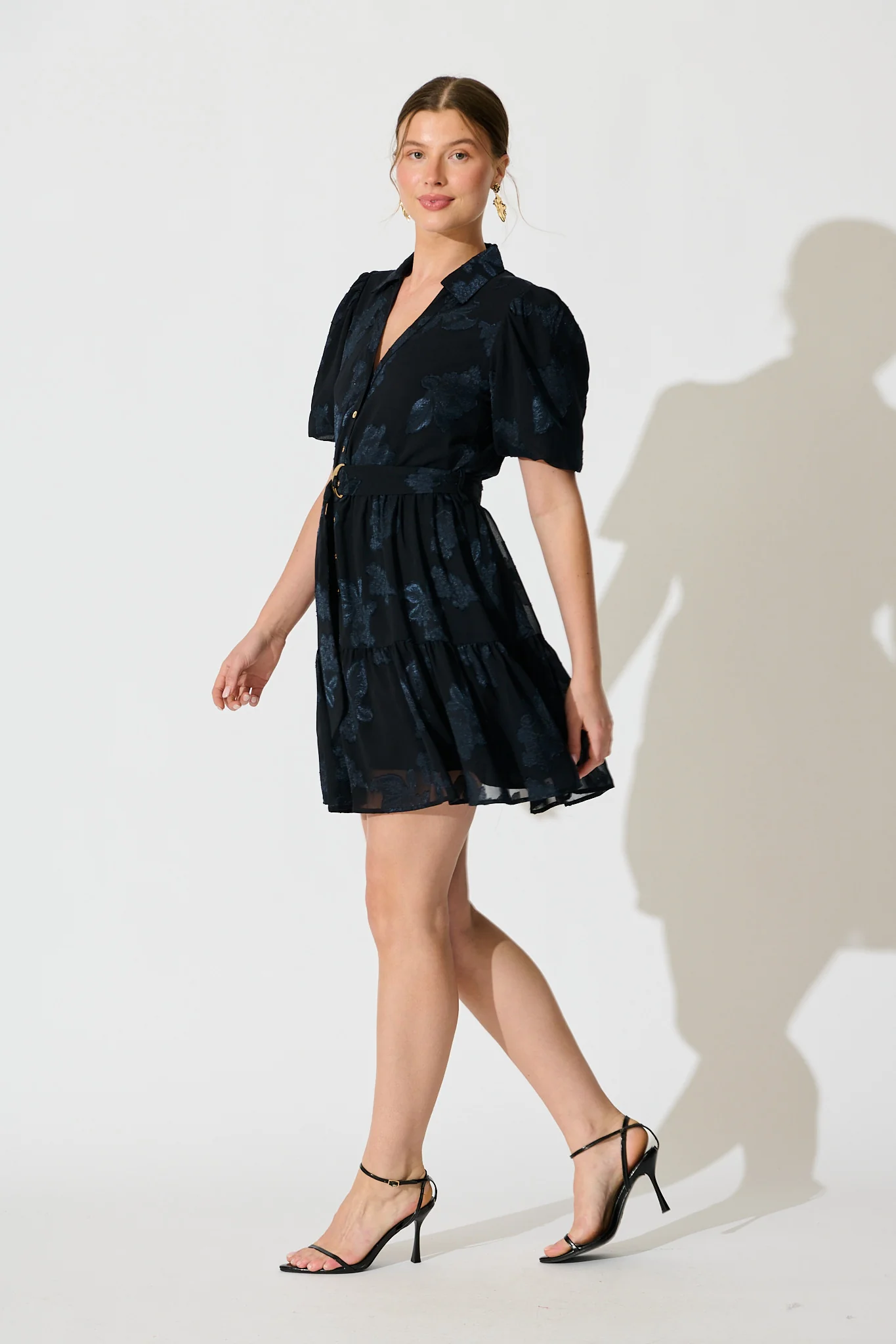 Whispered Grace Shirt Dress in Navy Burnout Chiffon - Image 3