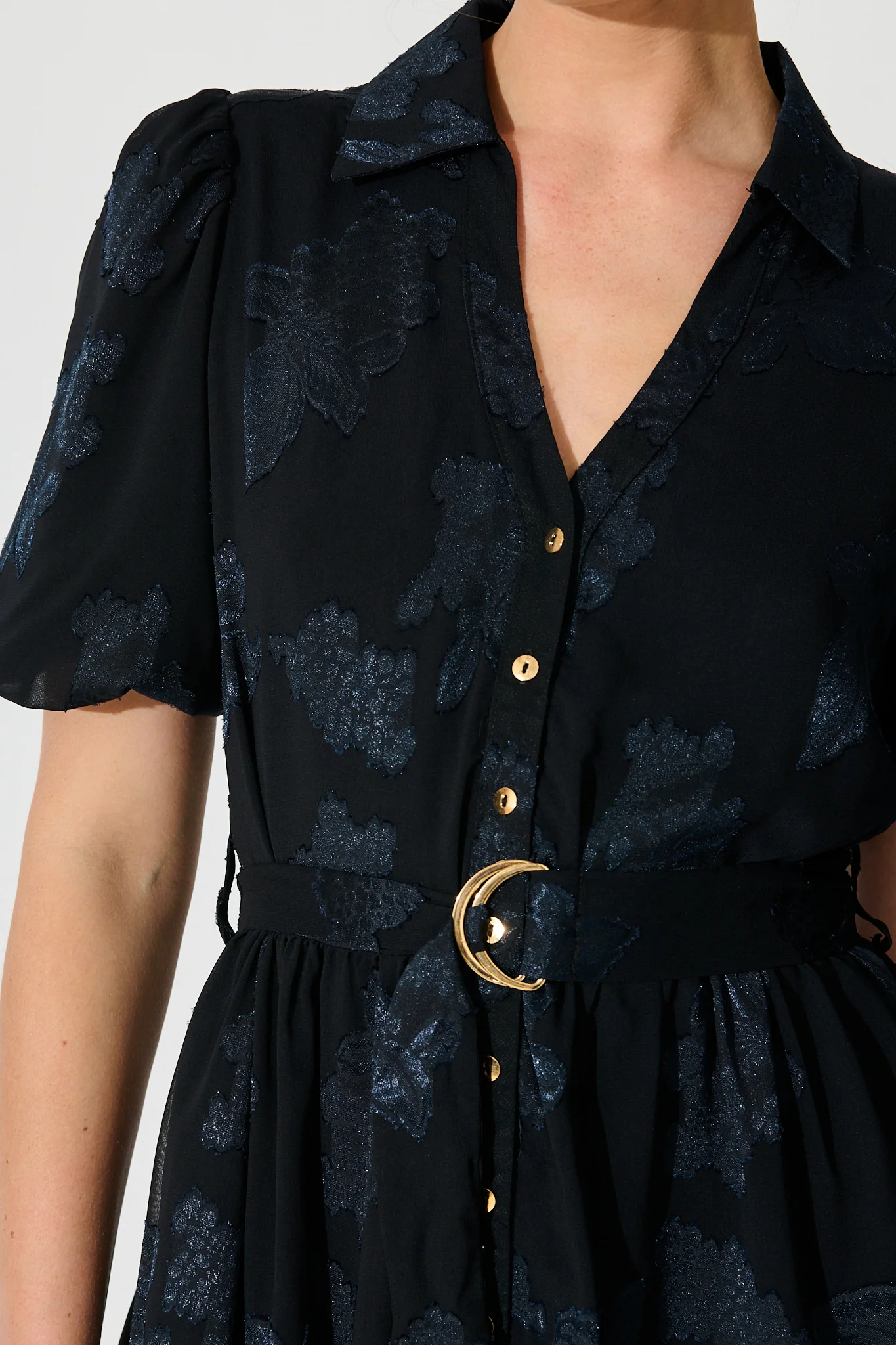 Whispered Grace Shirt Dress in Navy Burnout Chiffon - Image 5