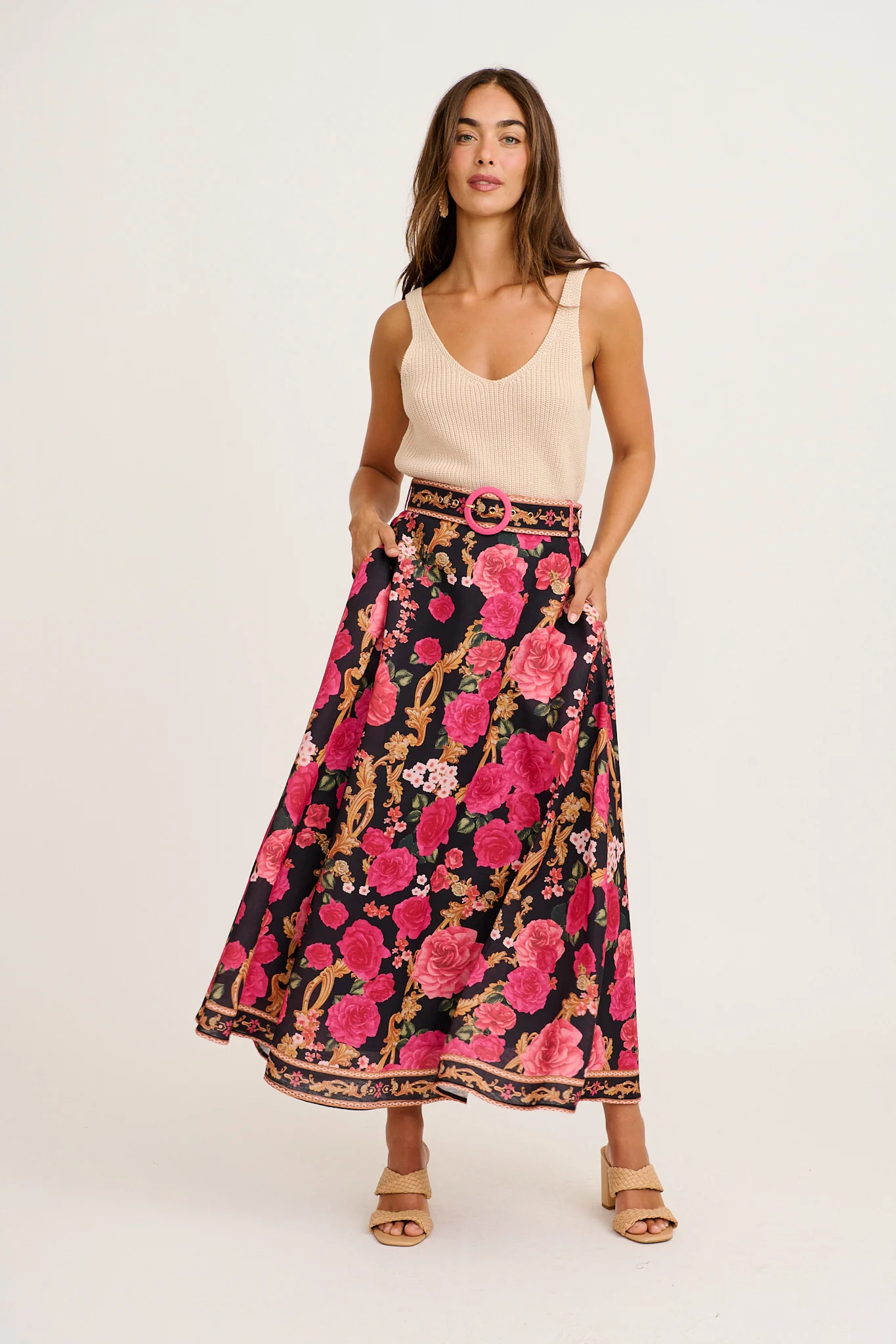 Wild Blossom Maxi Skirt in Black with Pink Floral Linen Blend - Image 9