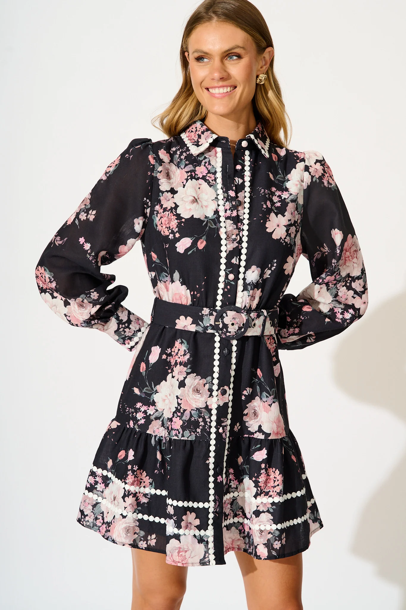 Wild Flower Muse Shirt Dress in Black with Blush Floral - Image 2