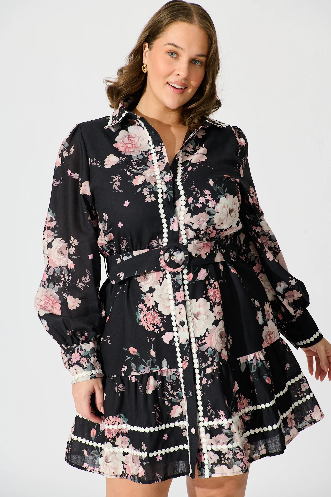 Wild Flower Muse Shirt Dress in Black with Blush Floral - Image 6