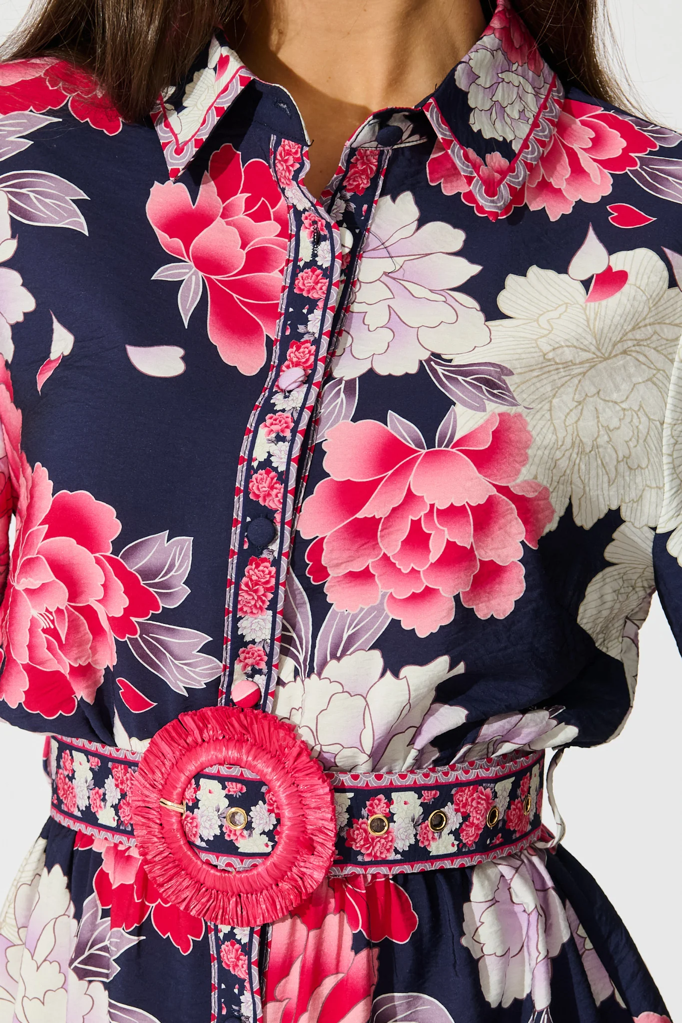 Wild Rosette Shirt Dress in Navy with Pink Floral - Image 5