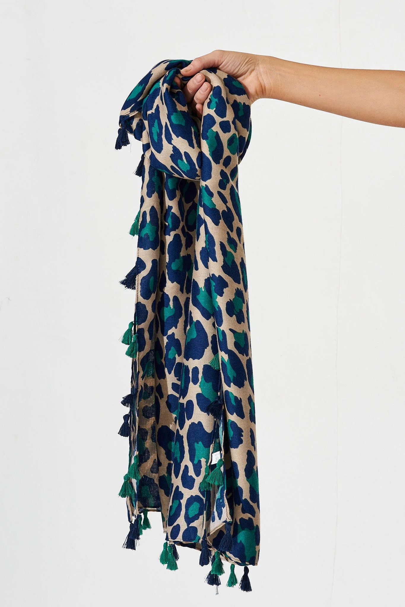 Wild Side Scarf In Beige With Green And Blue Leopard Print - Image 3