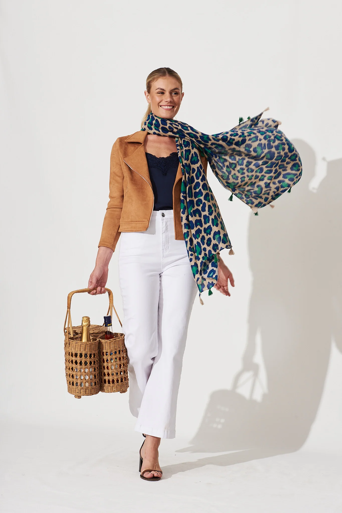 Wild Side Scarf In Beige With Green And Blue Leopard Print - Image 4