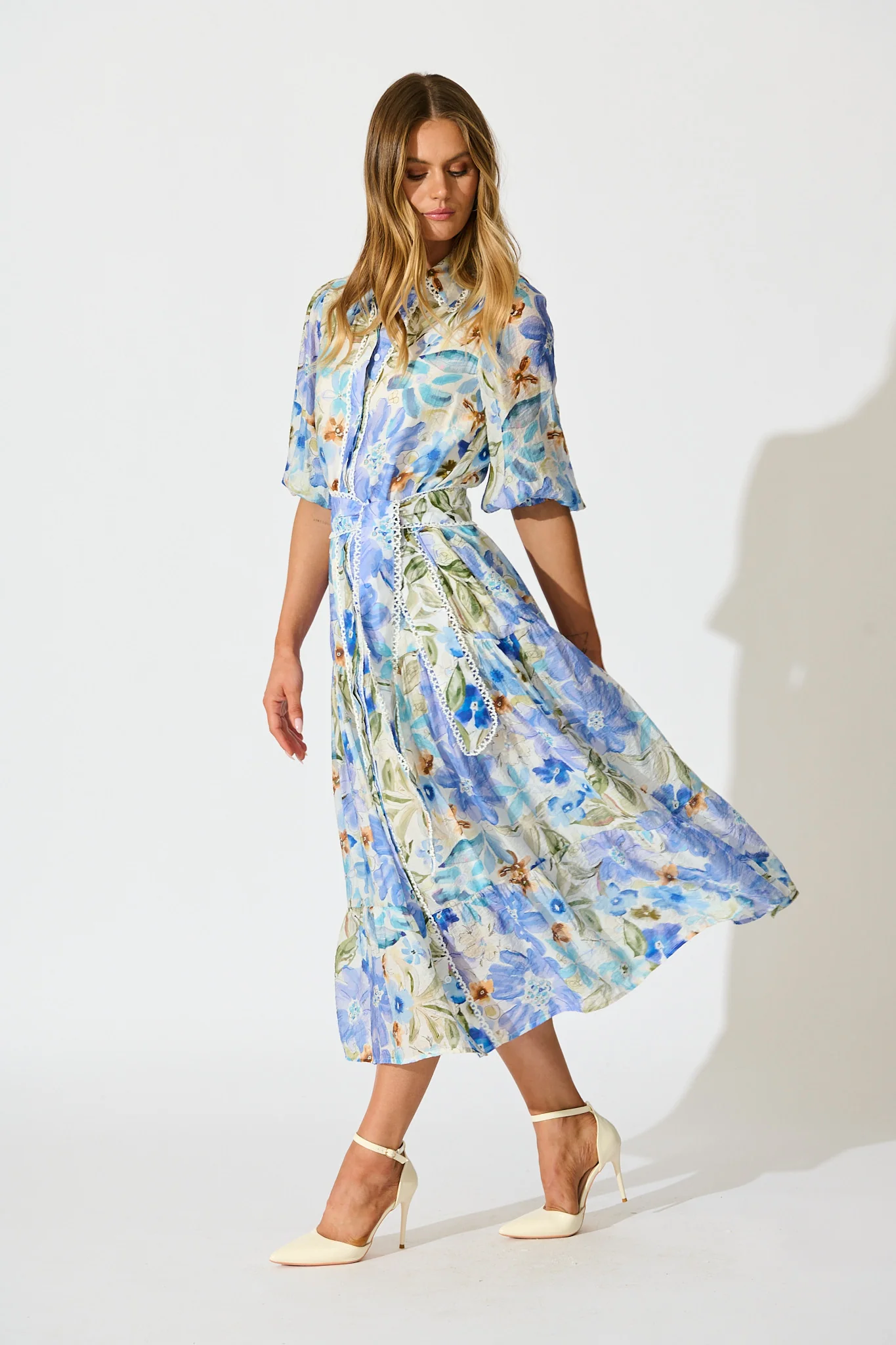 Wildflower Sky Midi Shirt Dress in Blue Floral - Image 3