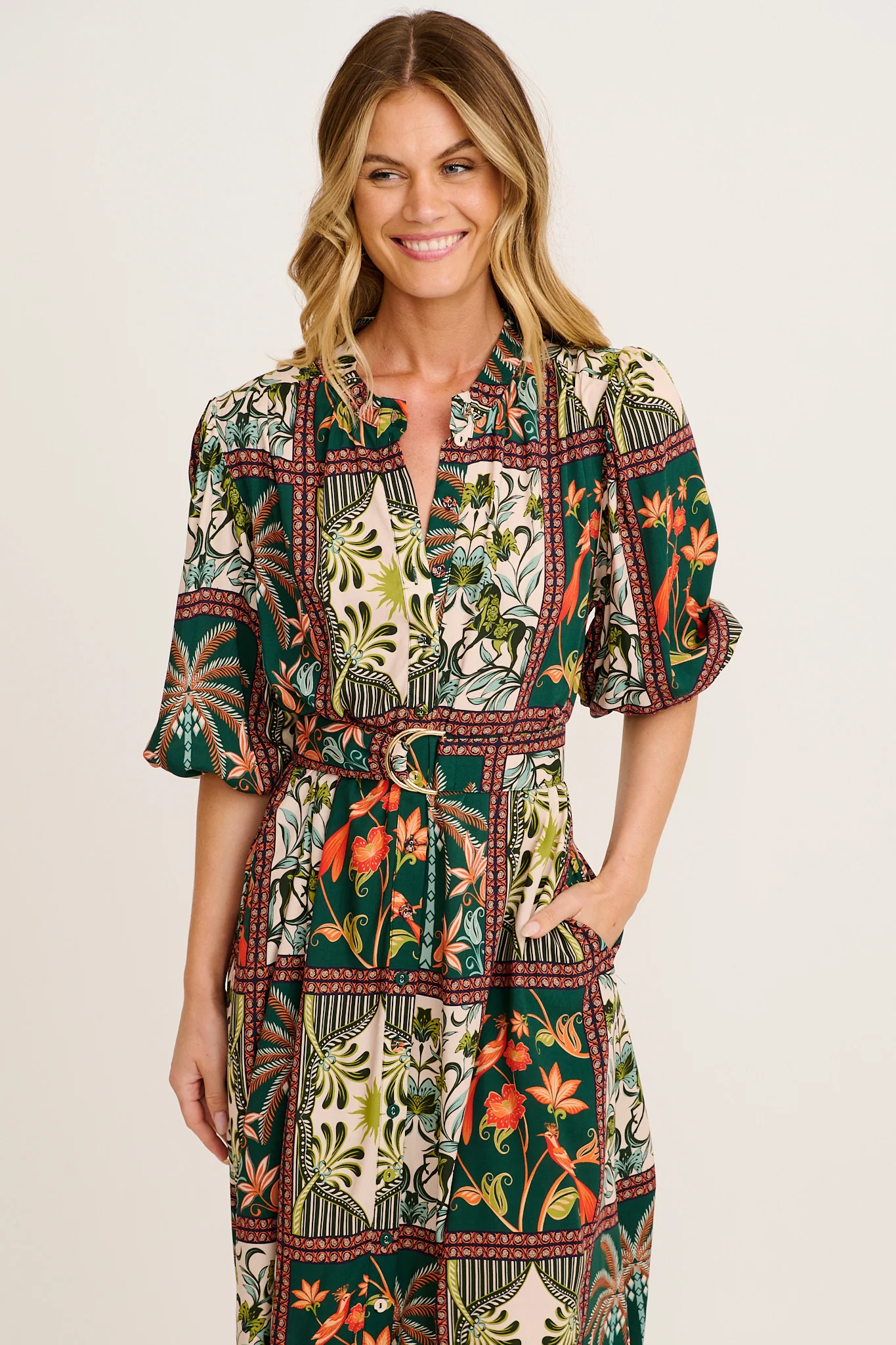 Wildflower Tiles Midi Shirt Dress in Green Tile Print - Image 2