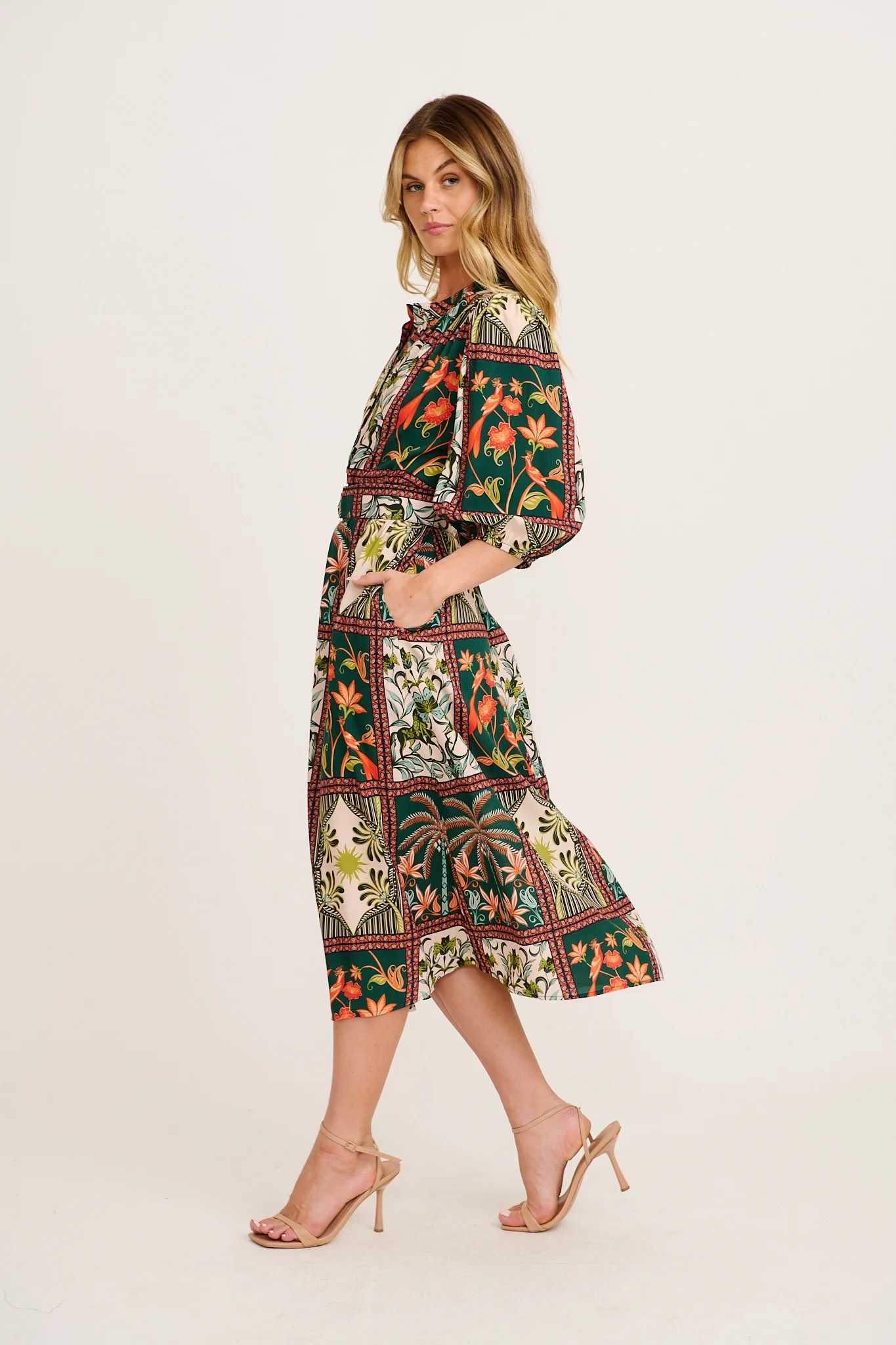 Wildflower Tiles Midi Shirt Dress in Green Tile Print - Image 3