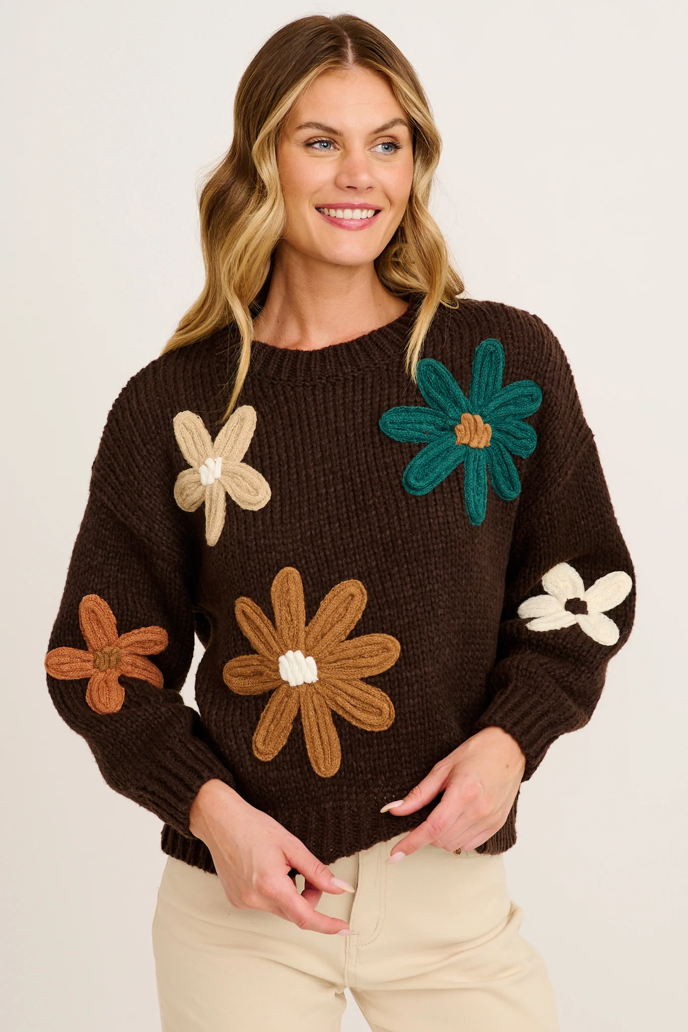 Winter Blossom Knit in Brown with Multi Flower Wool Blend