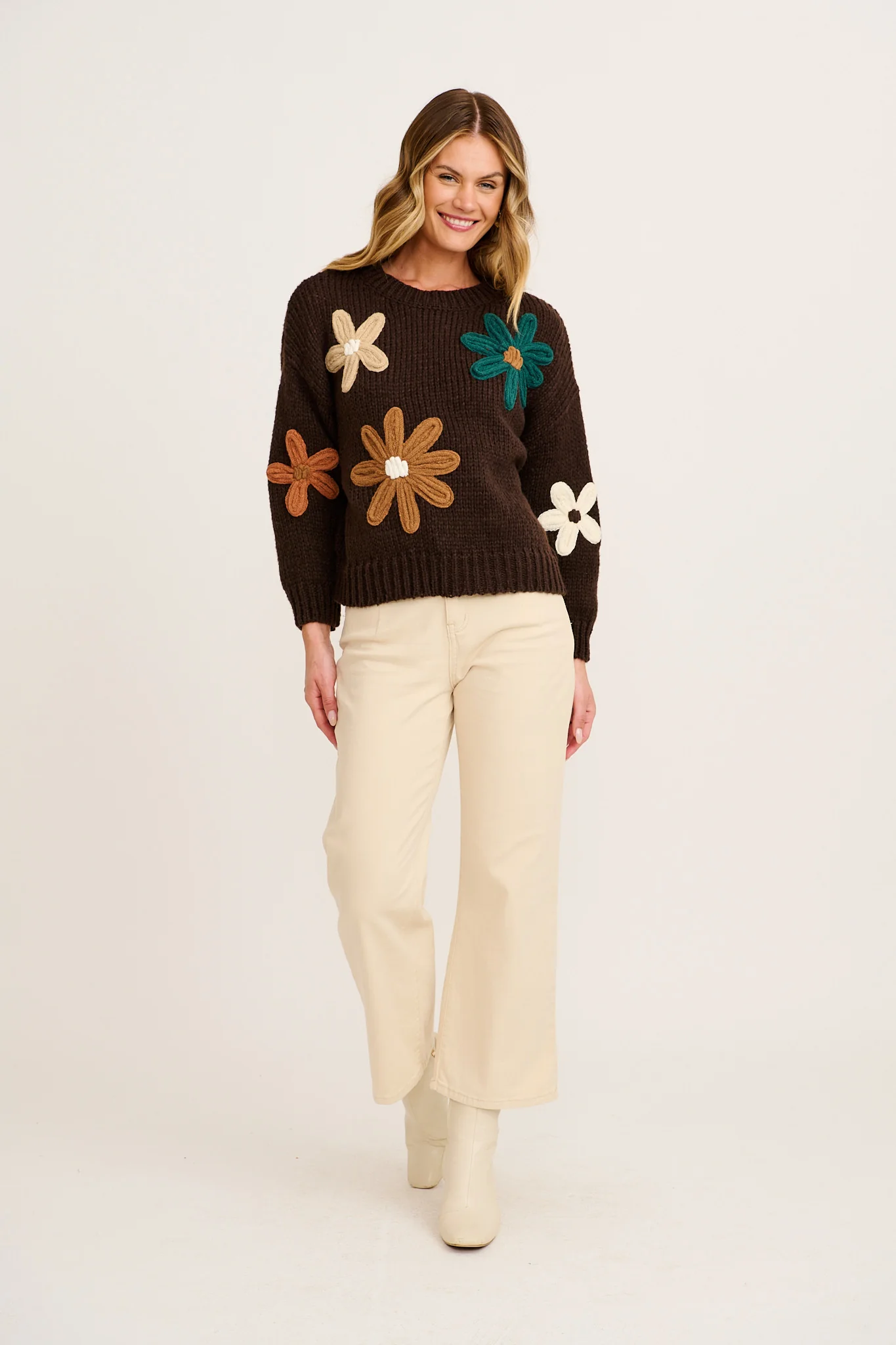 Winter Blossom Knit in Brown with Multi Flower Wool Blend - Image 4