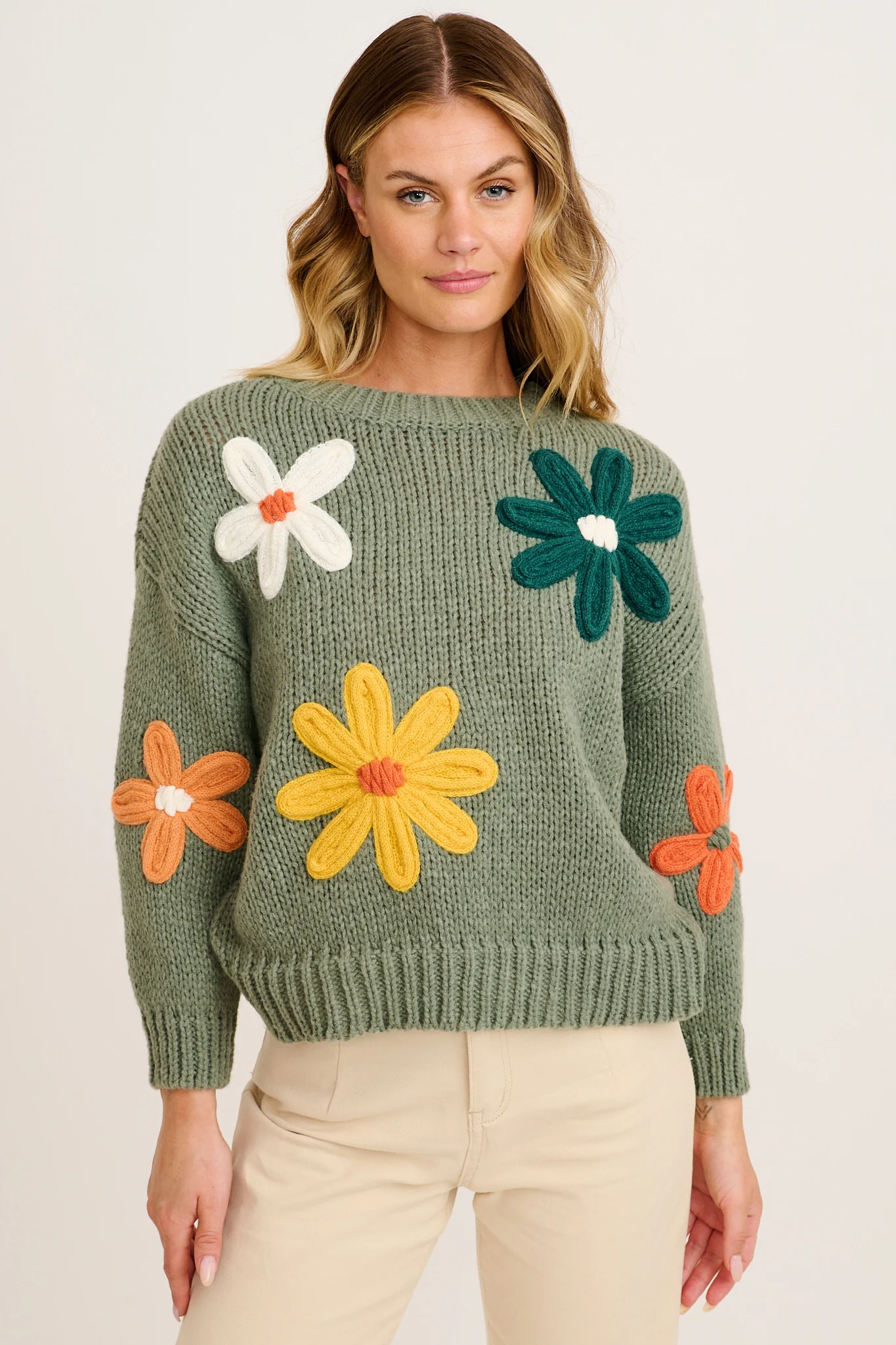 Winter Blossom Knit in Khaki with Multi Flower Wool Blend
