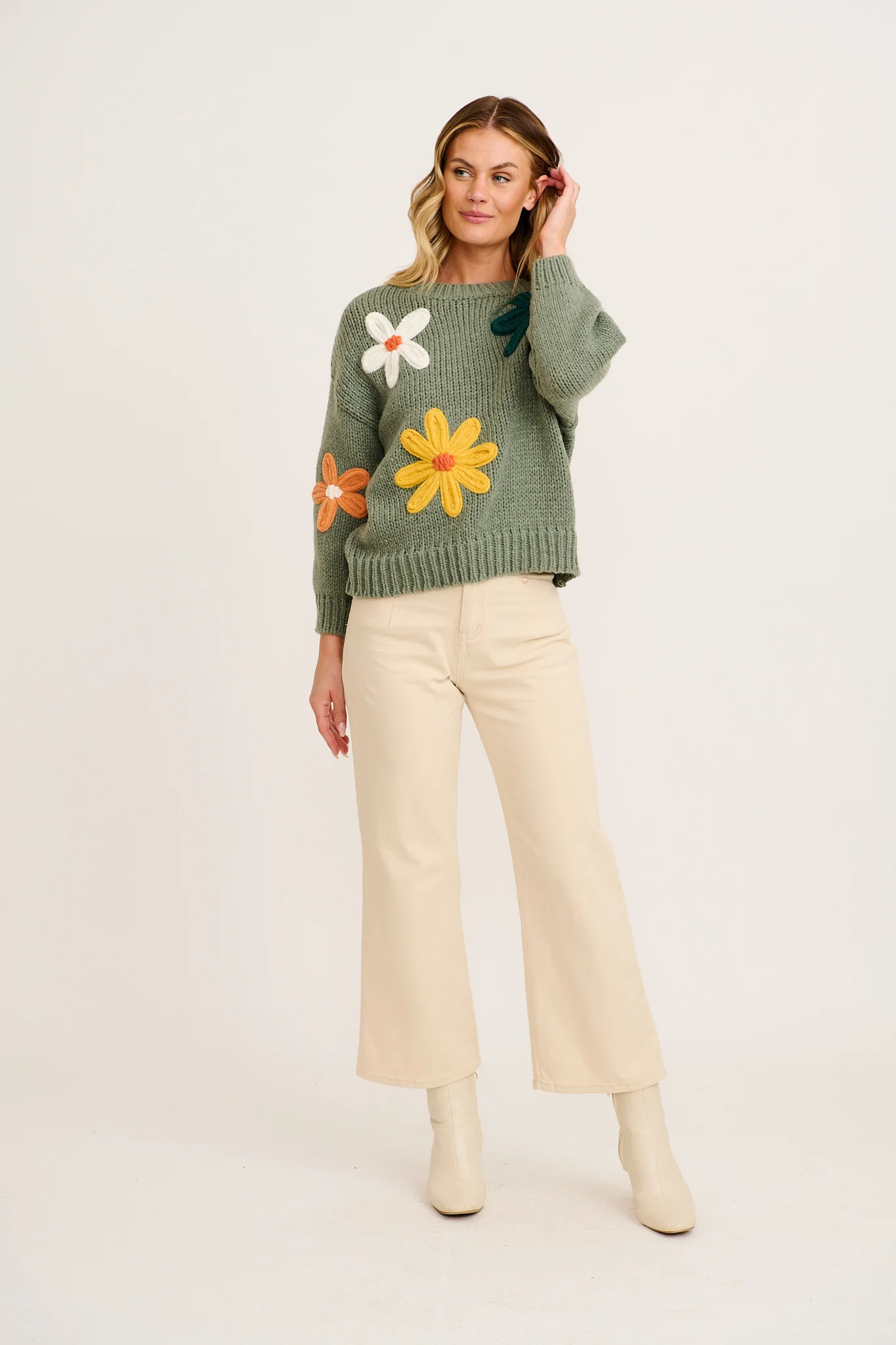 Winter Blossom Knit in Khaki with Multi Flower Wool Blend - Image 4