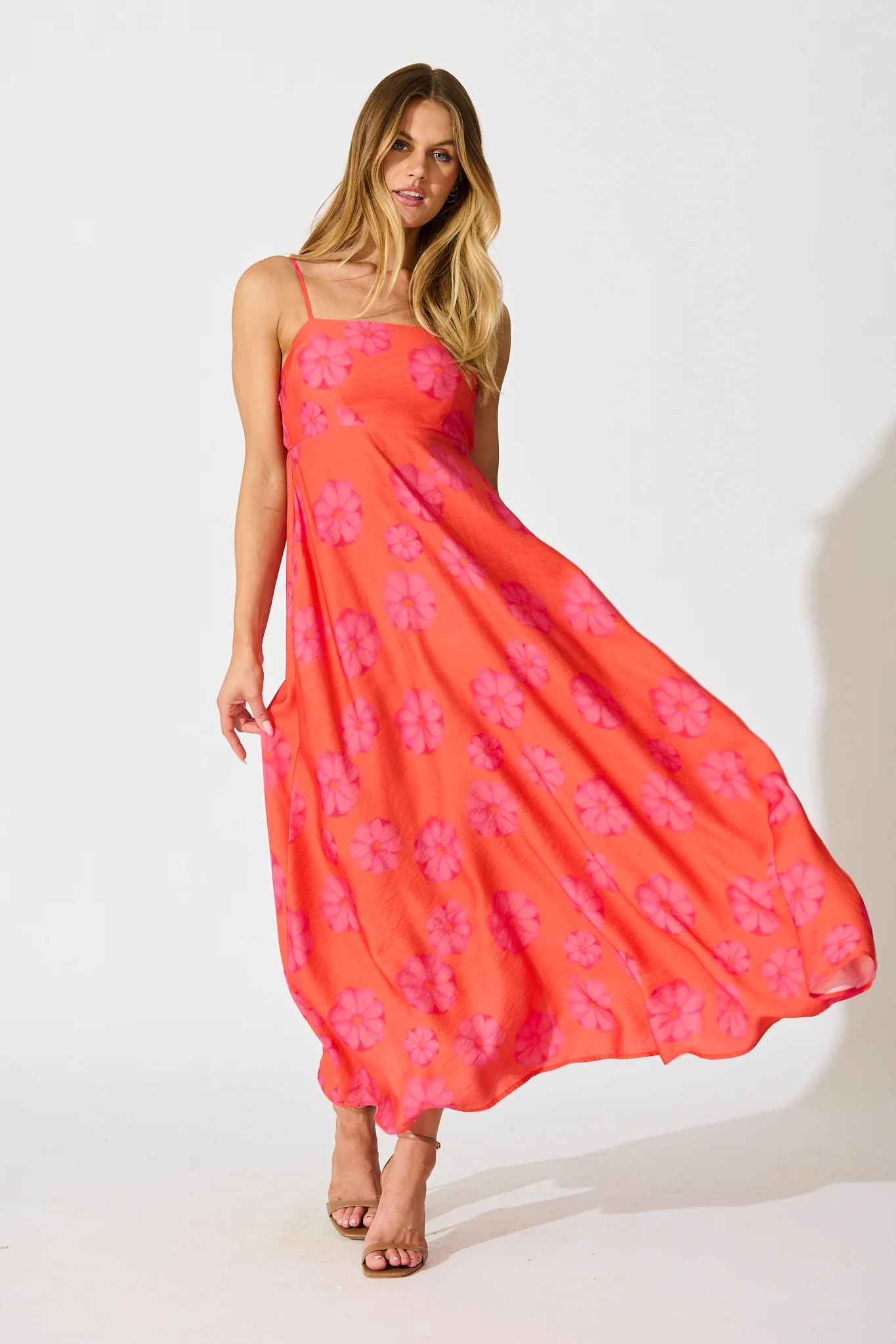 Yetta Maxi Sundress In Coral Flower Print