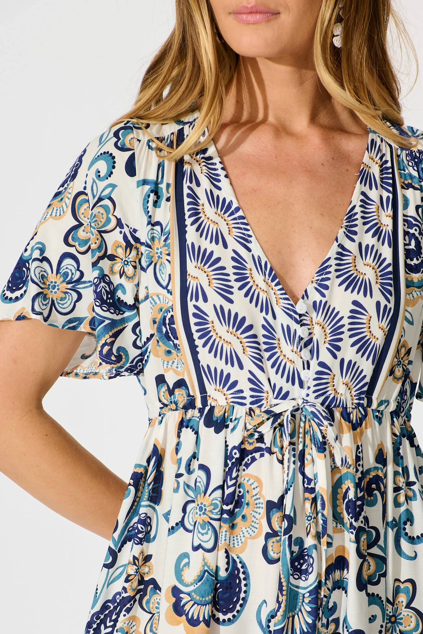 Zanayah Dress in White with Blue Boho Print - Image 5