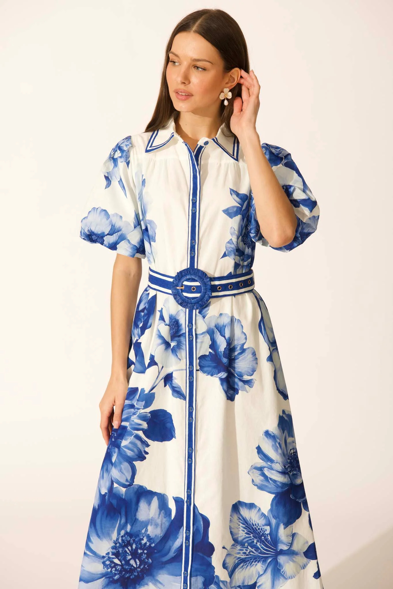Zaraya Maxi Shirt Dress in Blue Floral Border Print Cotton - Image 2