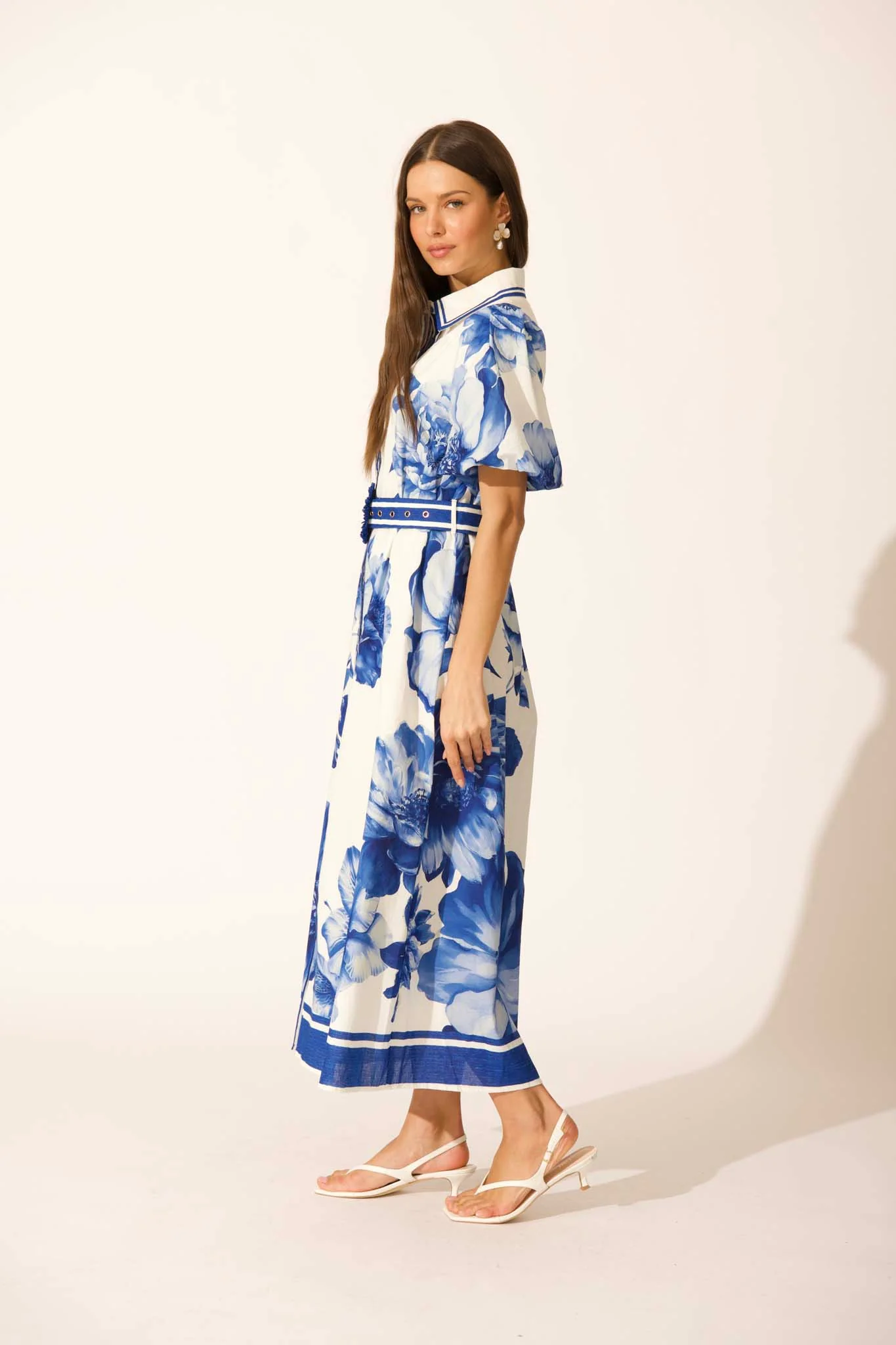 Zaraya Maxi Shirt Dress in Blue Floral Border Print Cotton - Image 3