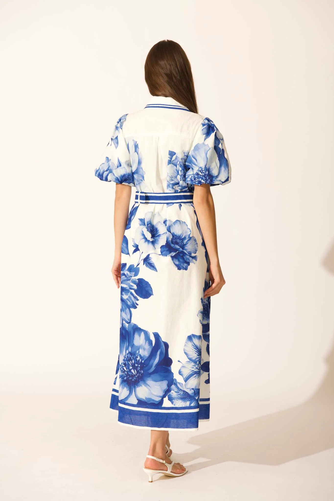 Zaraya Maxi Shirt Dress in Blue Floral Border Print Cotton - Image 4