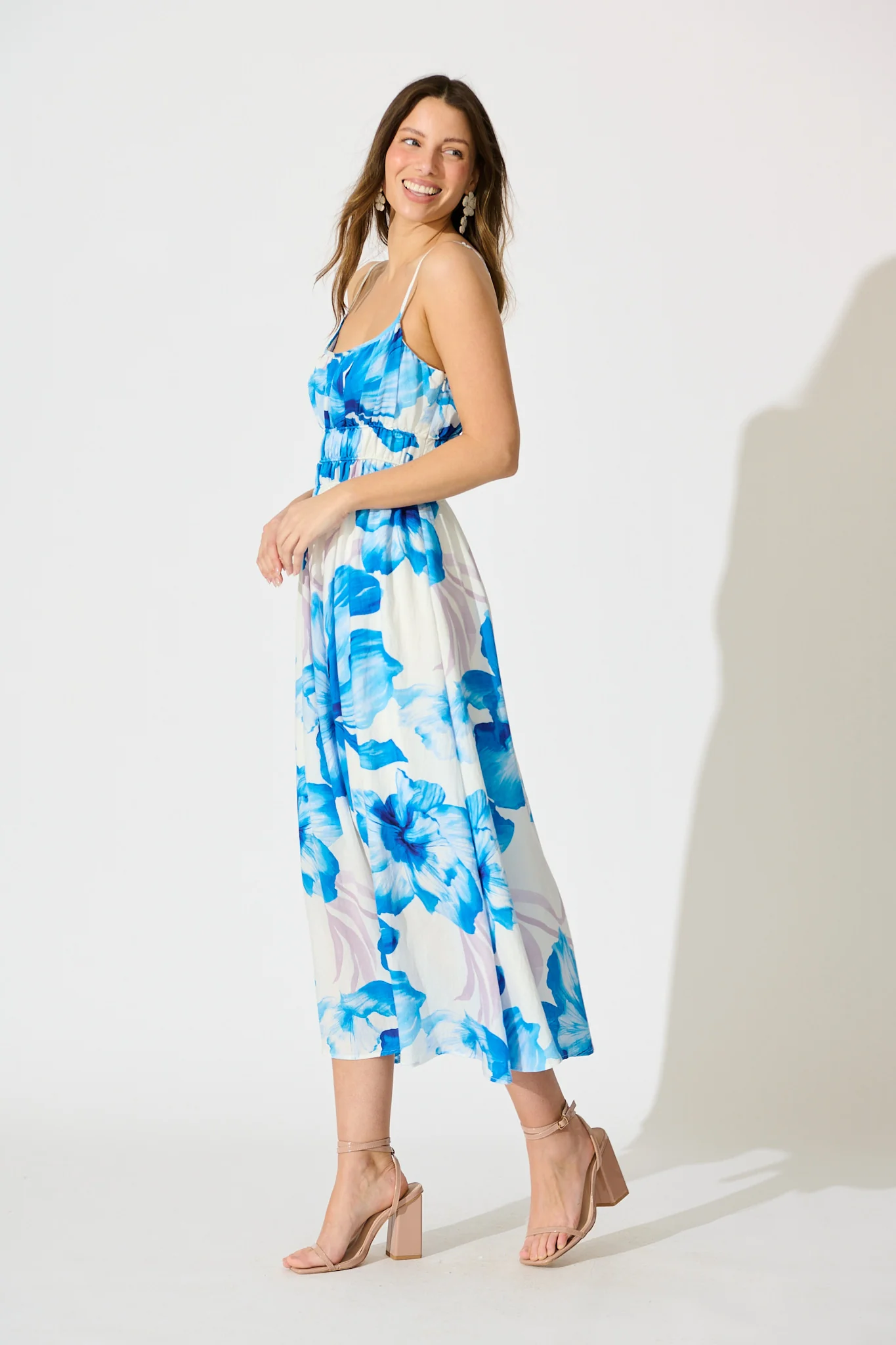 Zaynab Maxi Sundress in White with Blue Floral - Image 3