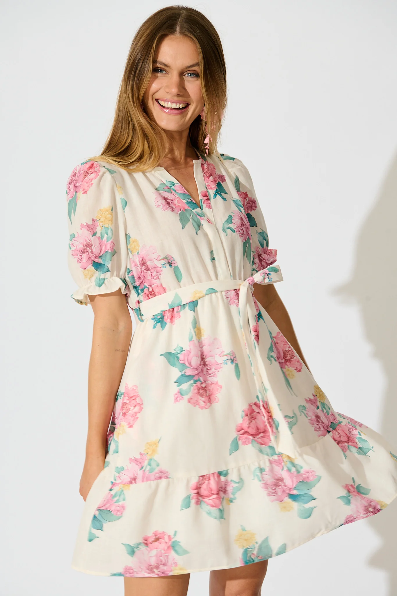 Zenayah Dress in Cream with Blush Floral Linen Blend - Image 2