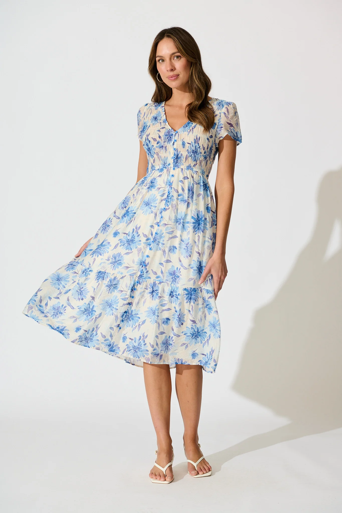 Zennith Midi Dress in Cream with Blue Floral