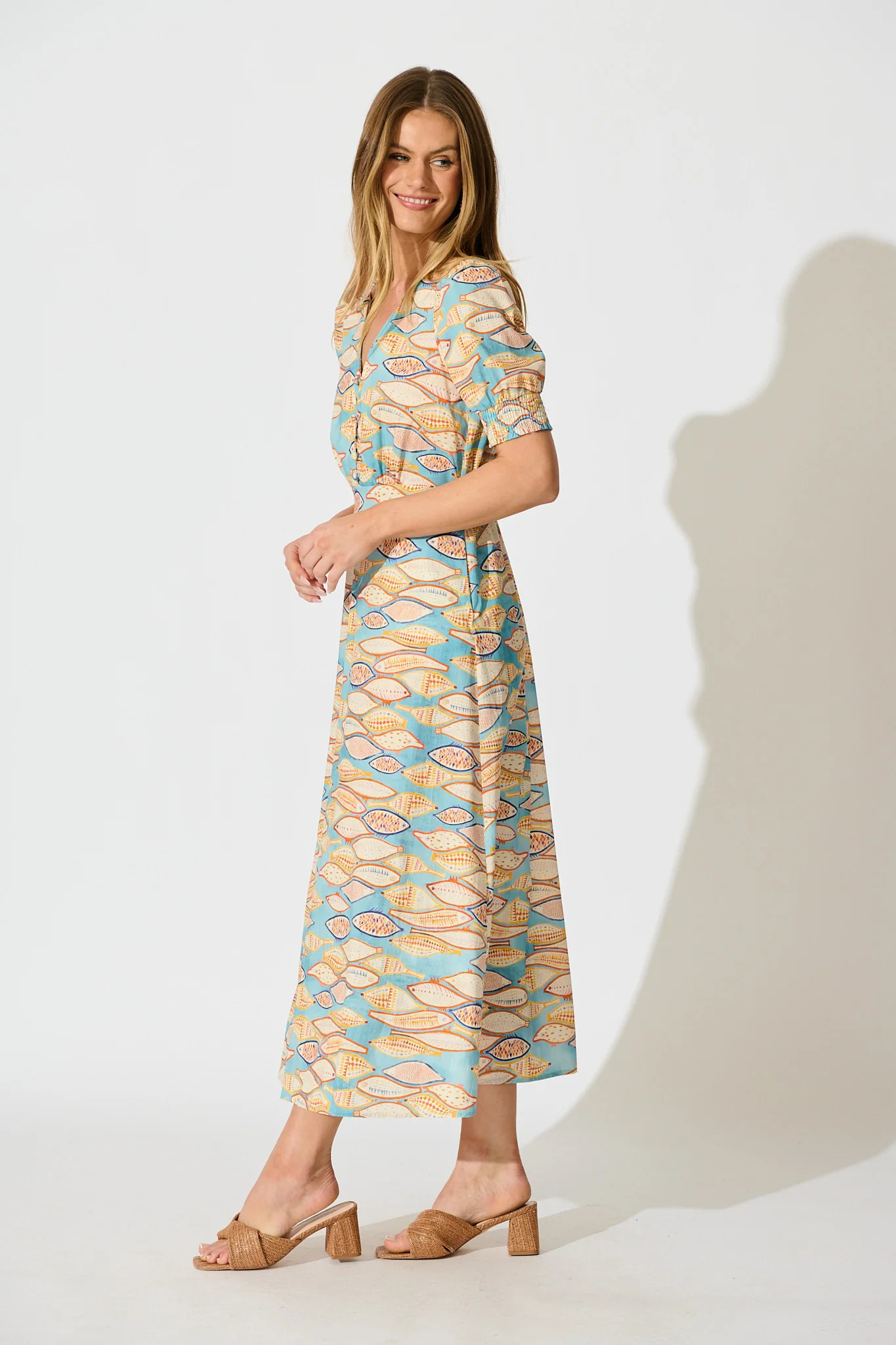 Zoanne Midi Dress in Blue with Multi Cotton - Image 3