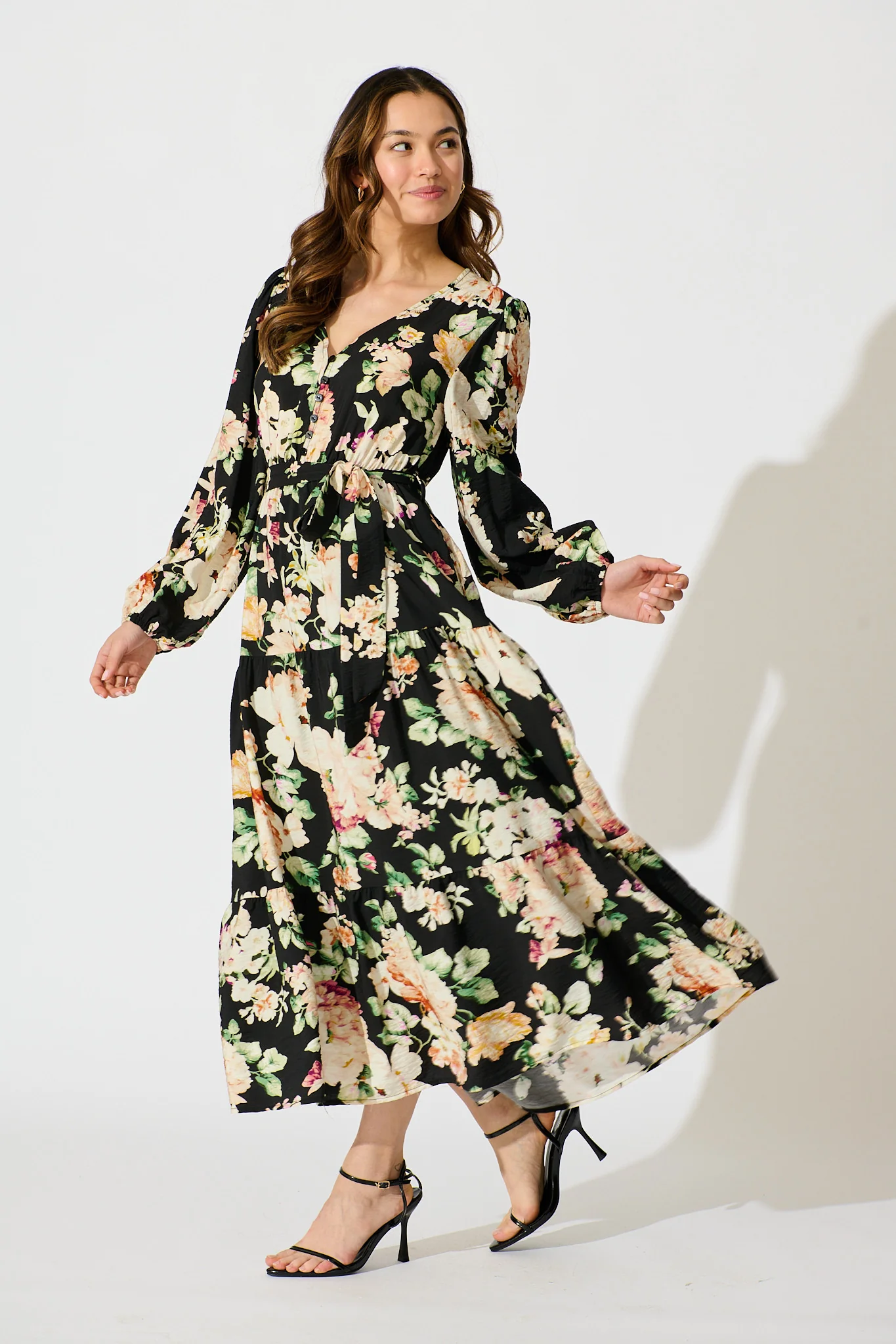 Zodie Midi Dress in Black Multi Floral Print - Image 3