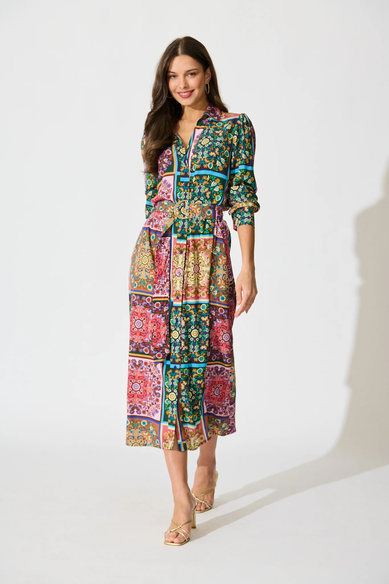Zoey Maxi Shirt Dress in Brown and Multi Patchwork Floral