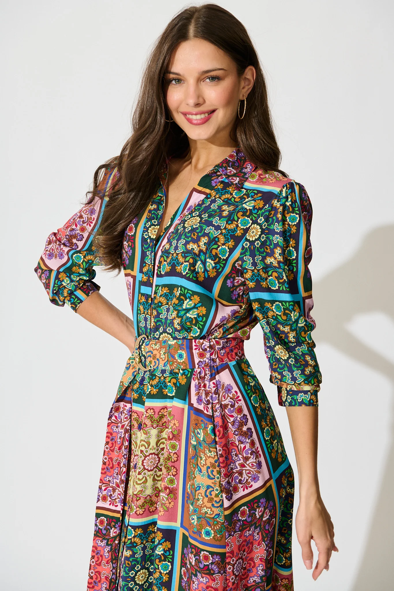Zoey Maxi Shirt Dress in Brown and Multi Patchwork Floral - Image 2