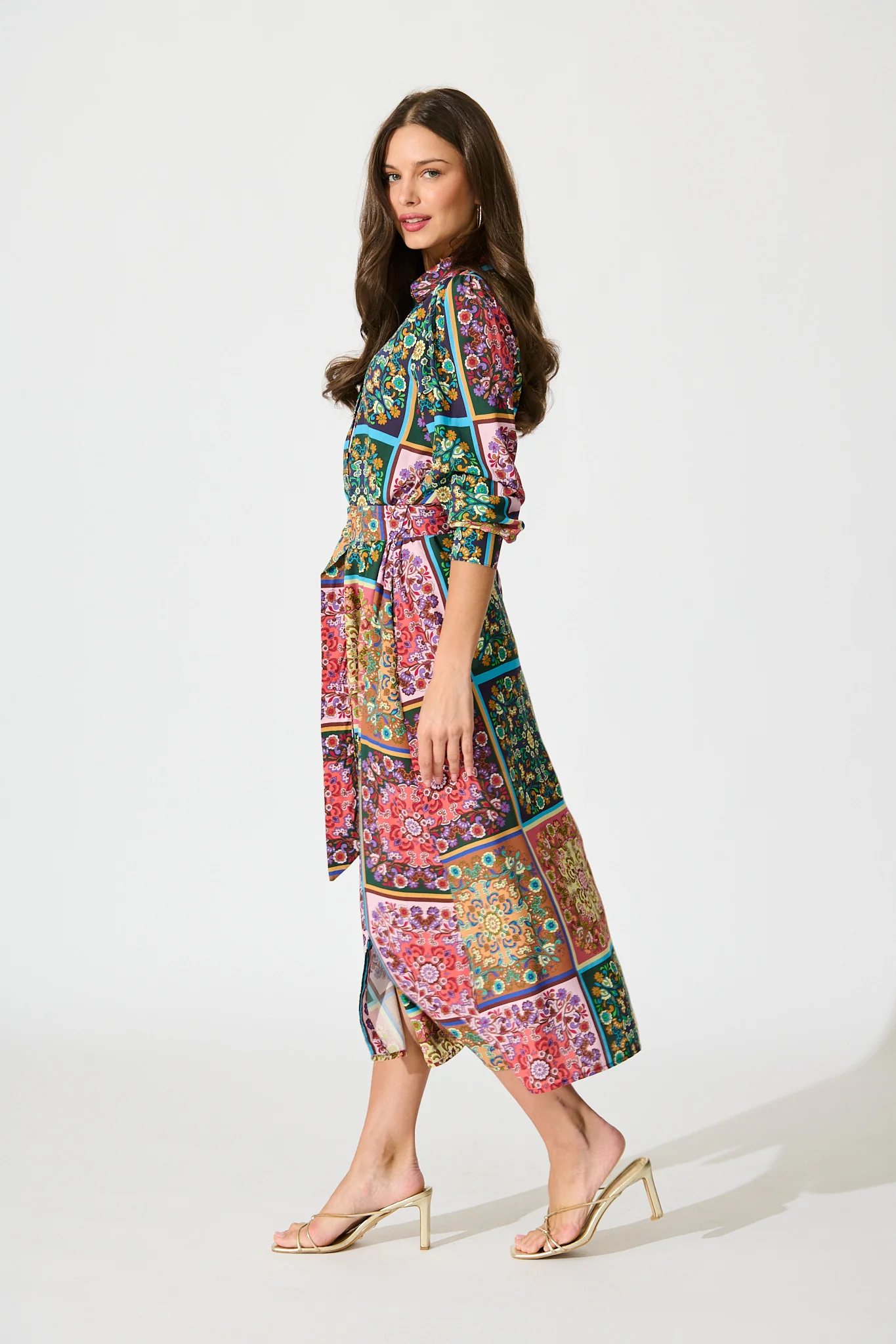 Zoey Maxi Shirt Dress in Brown and Multi Patchwork Floral - Image 3