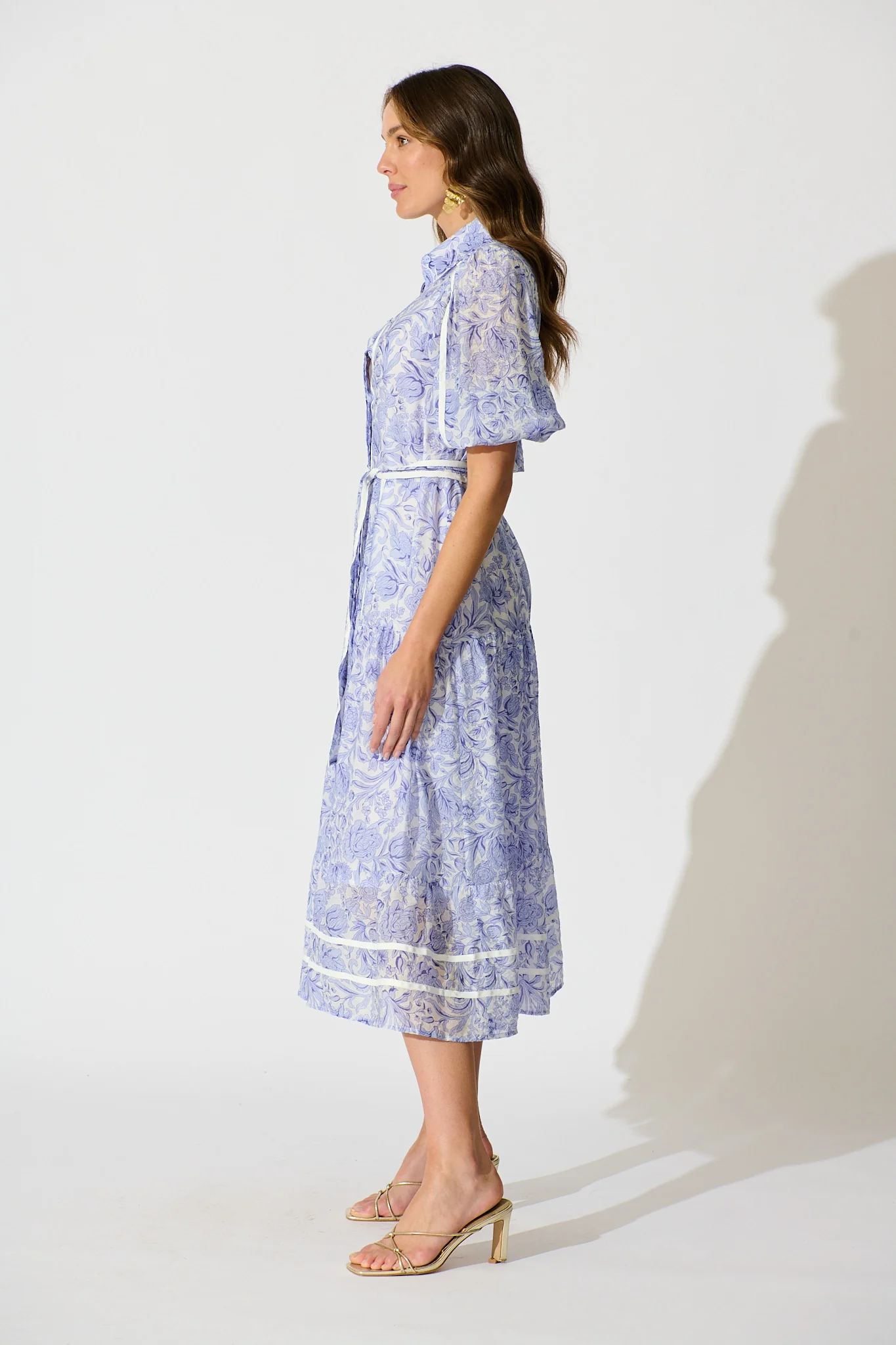 Zora Maxi Shirt Dress in Blue Floral Cotton Blend - Image 3