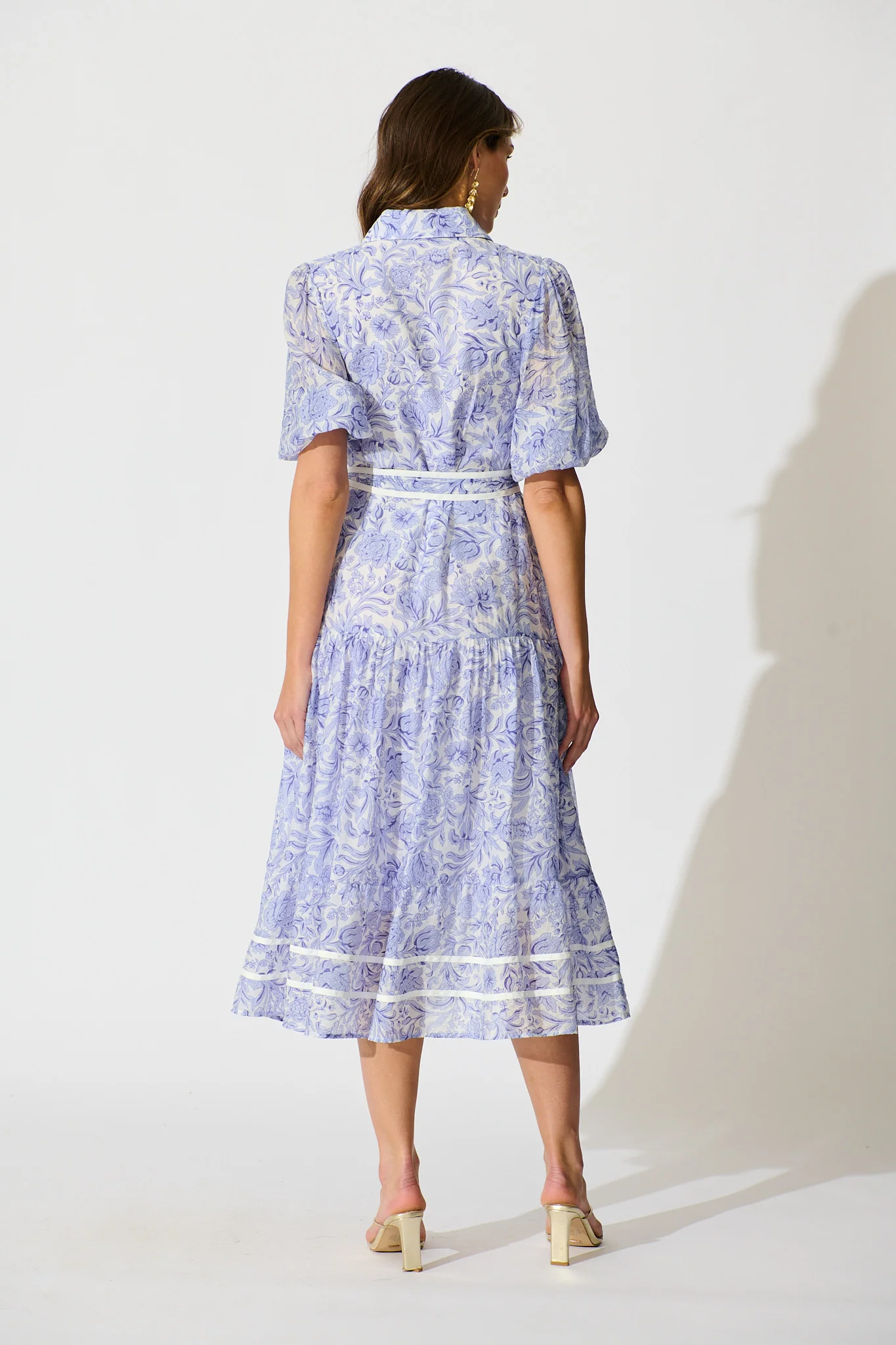 Zora Maxi Shirt Dress in Blue Floral Cotton Blend - Image 4