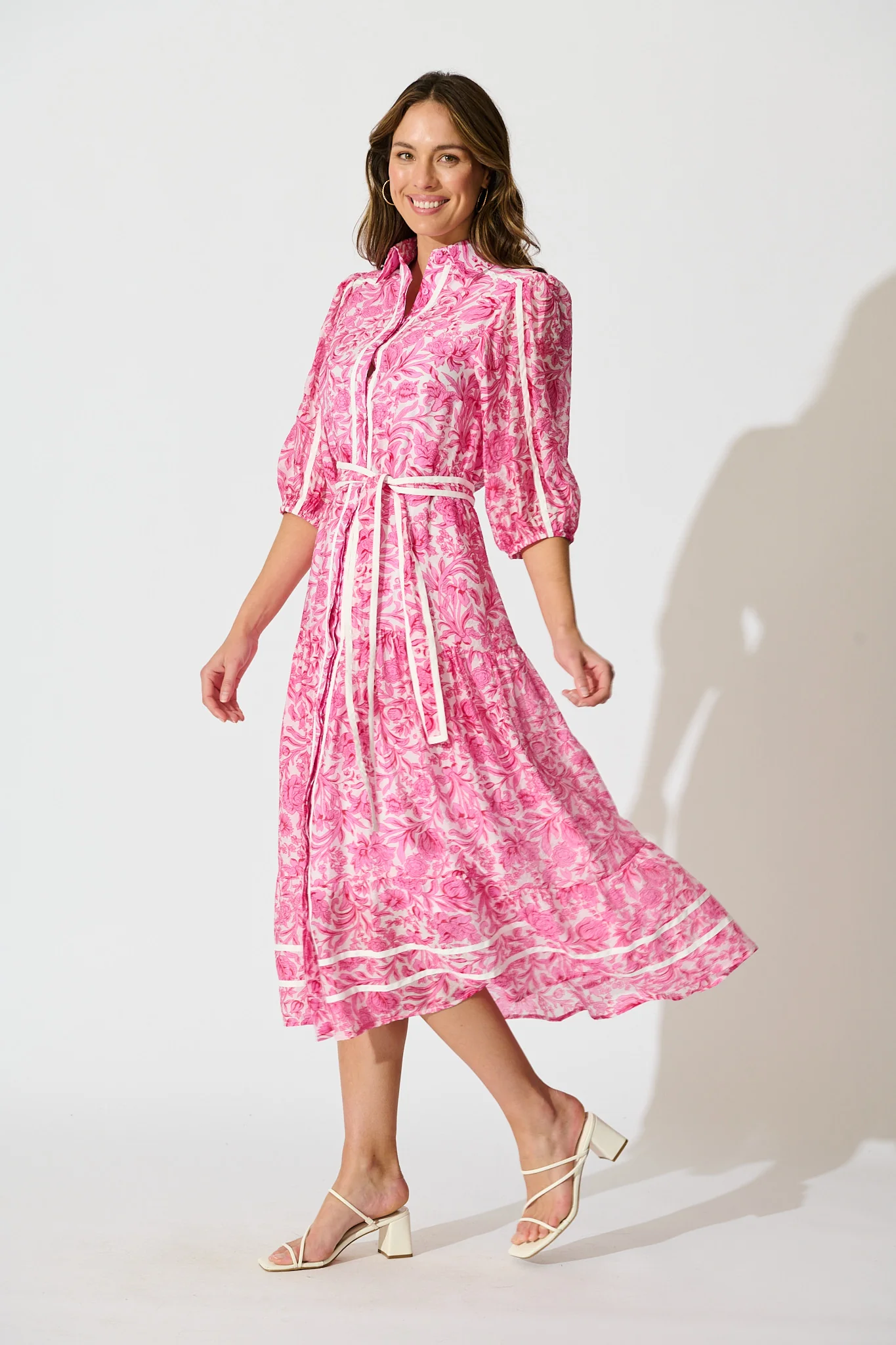 Zora Maxi Shirt Dress in Pink Floral Cotton Blend - Image 3